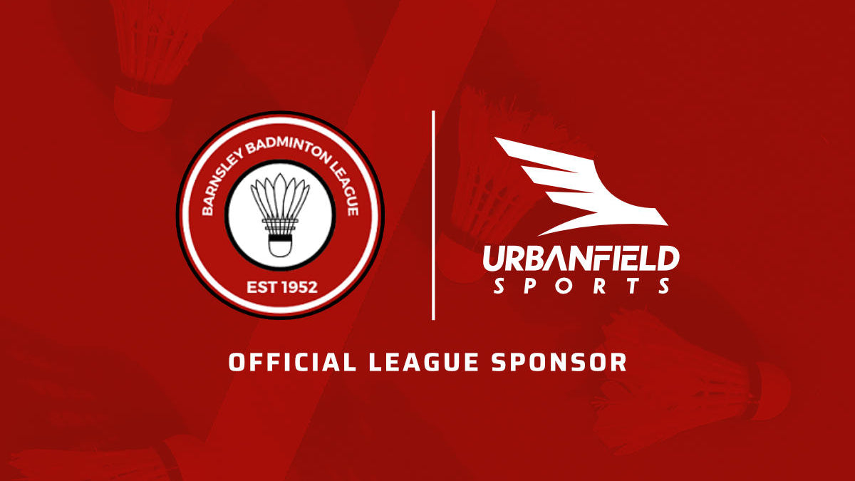 Barnsley Badminton League logo and Urbanfield Sports logo on a red background.