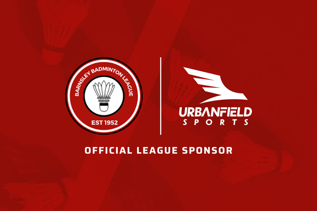 Barnsley Badminton League logo and Urbanfield Sports logo on a red background.