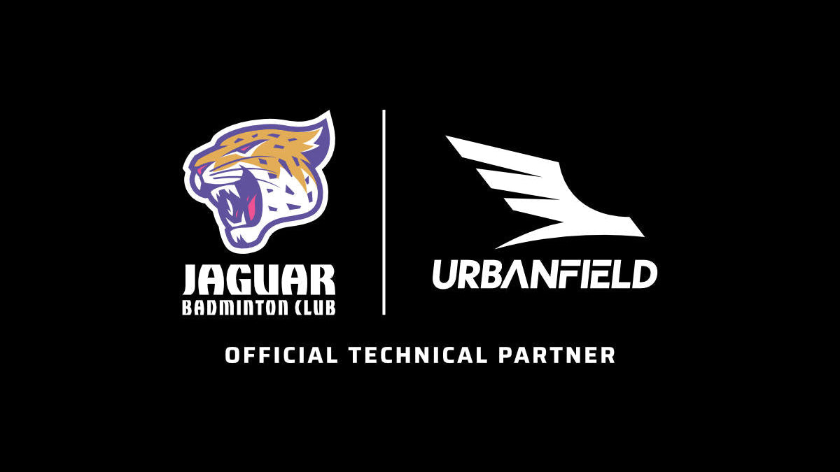Jaguar Badminton Club and Urbanfield Sports logos on a black background.