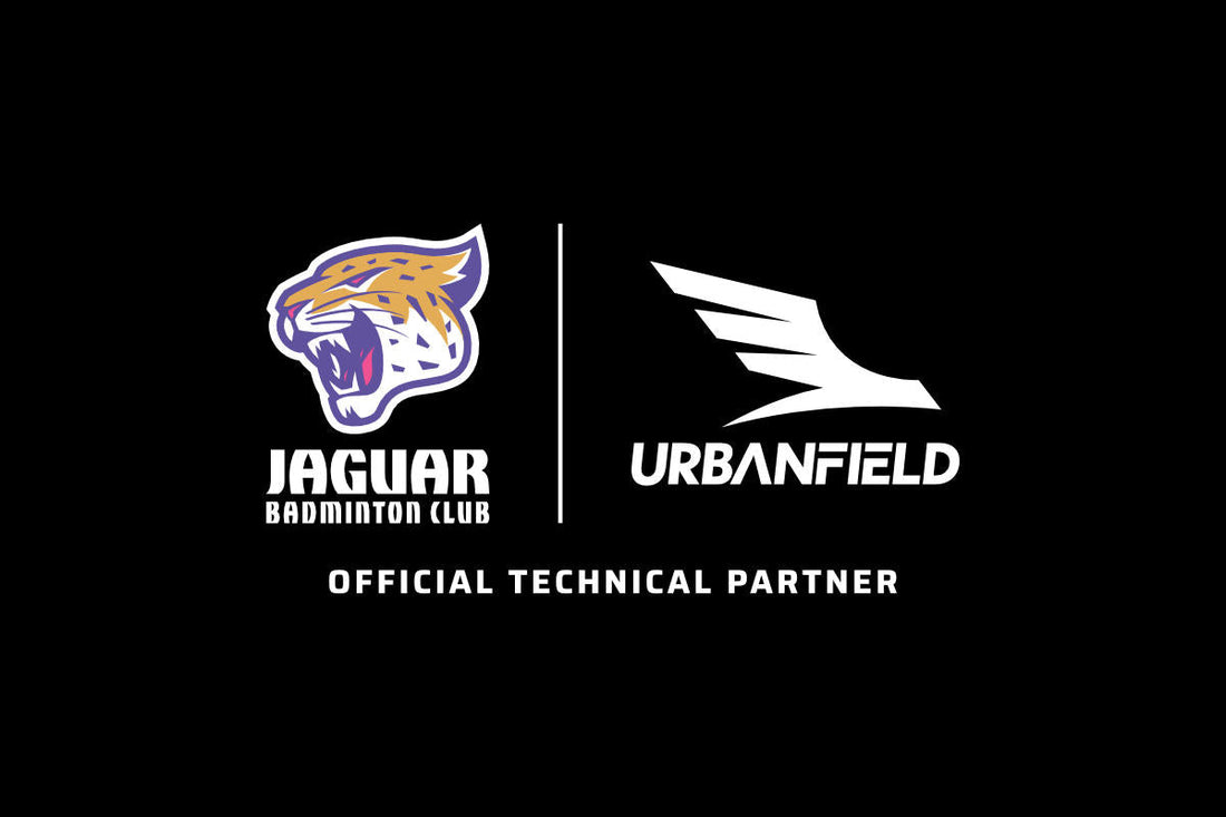 Jaguar Badminton Club and Urbanfield Sports logos on a black background.