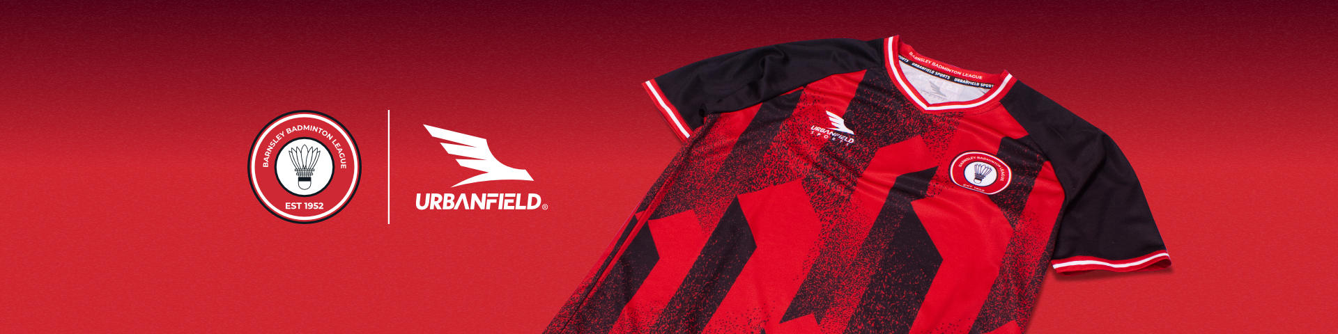 Barnsley Badminton League shirt on a red background.