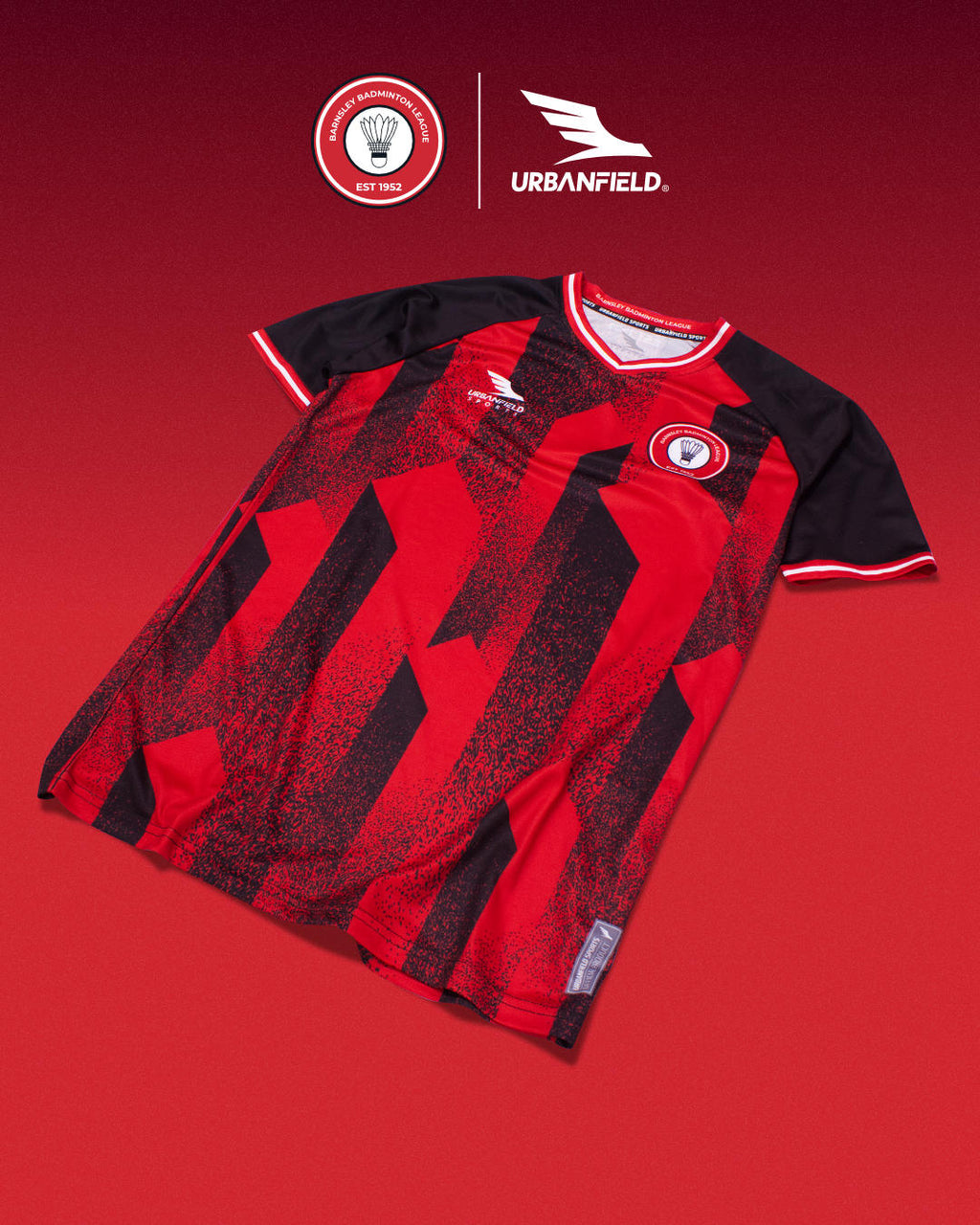 Barnsley Badminton League shirt on a red background.