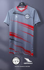 Cawthorne Badminton Club shirt on a black hanger in front of a grey background.