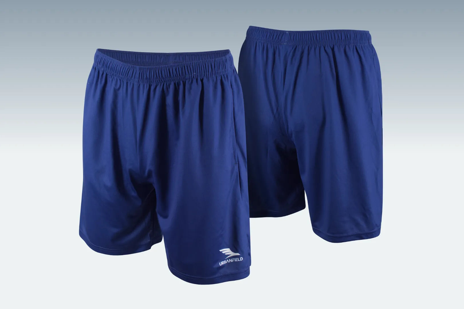 Front and back views of men's Urbanfield Sports Court Pro 7" Shorts in carbon navy.