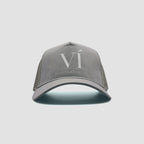 Front view of Find Your Inner Vi trucker cap in light grey