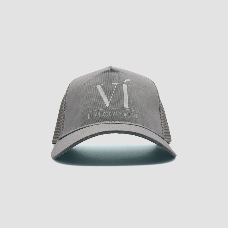 Front view of Find Your Inner Vi trucker cap in light grey
