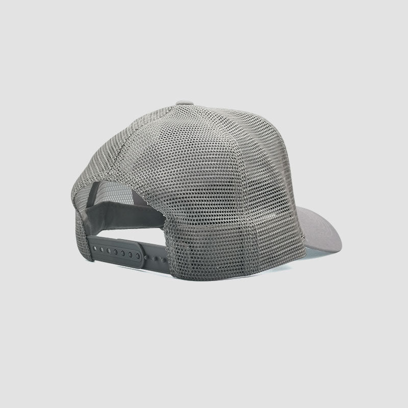 Rear view of Find Your Inner Vi trucker cap in light grey