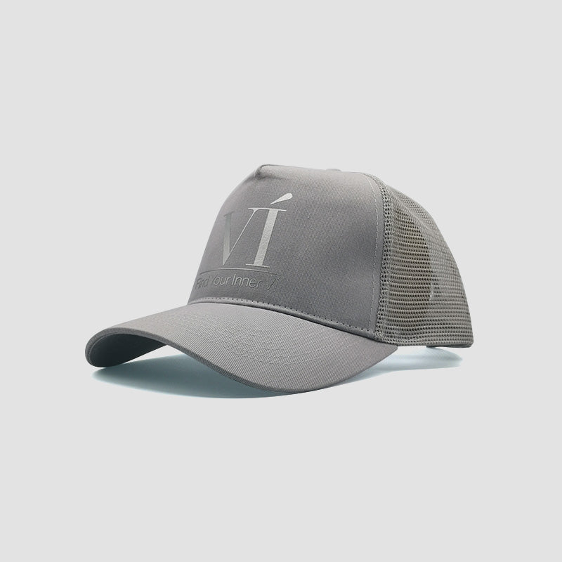 Side view of Find Your Inner Vi trucker cap in light grey