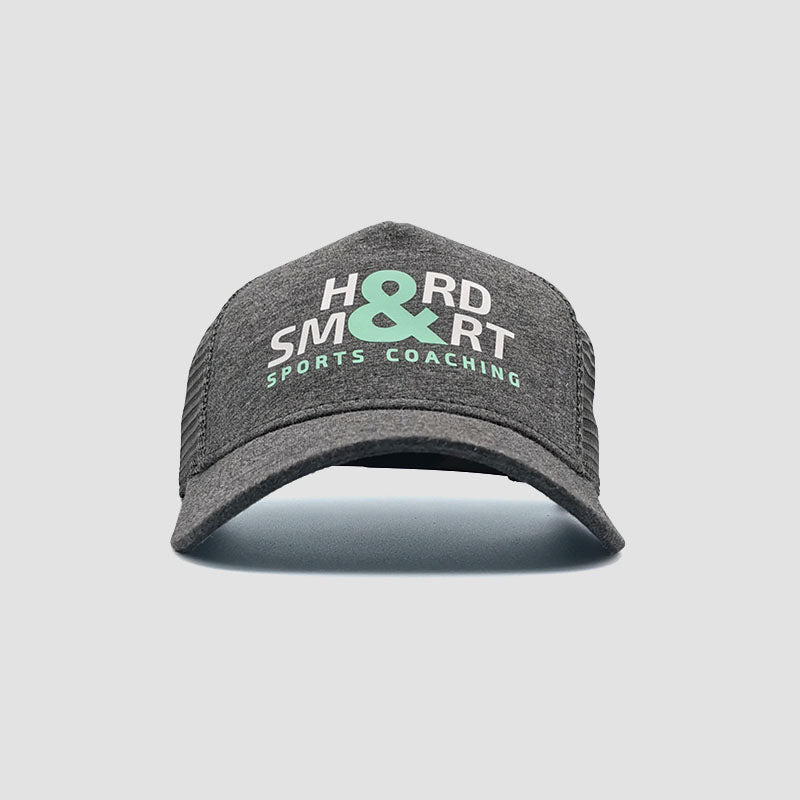 Front view of Hard & Smart Sports Coaching trucker cap in dark heather grey