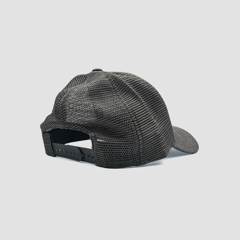 Rear view of Hard & Smart Sports Coaching trucker cap in dark heather grey