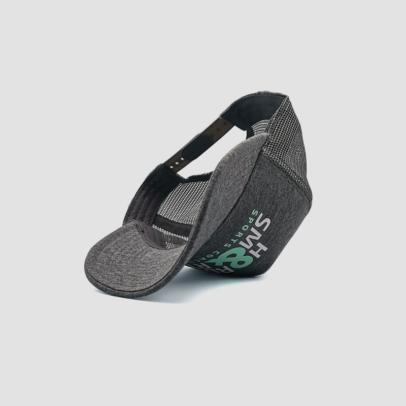 Under side view of Hard & Smart Sports Coaching trucker cap in dark heather grey