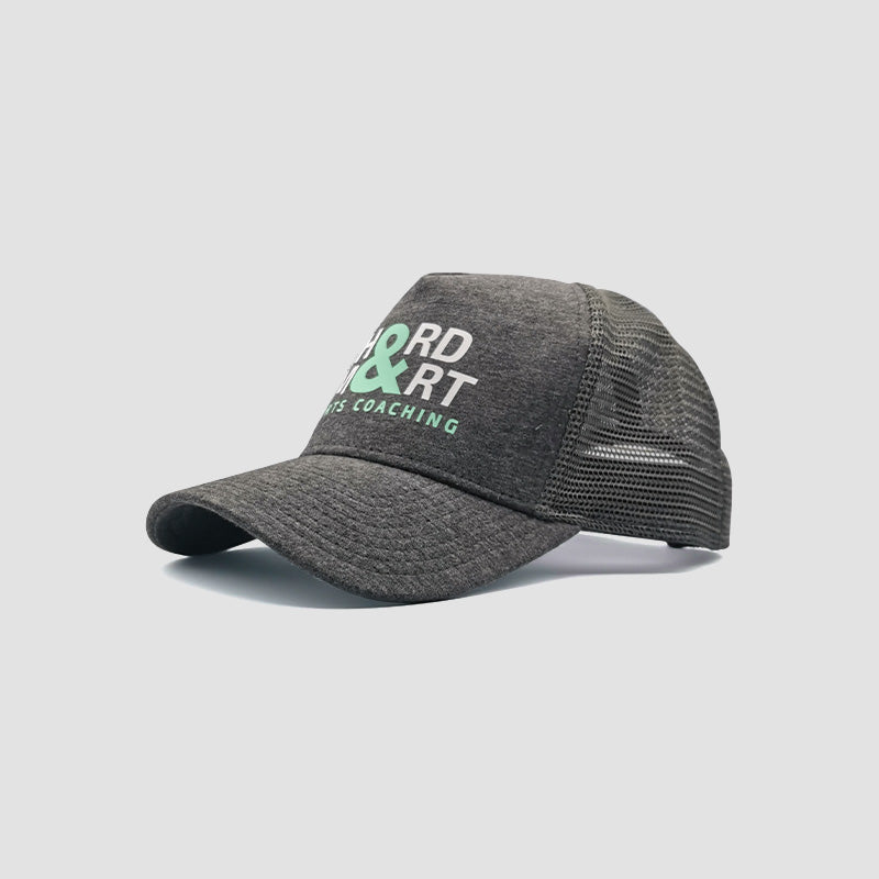 Side view of Hard & Smart Sports Coaching trucker cap in dark heather grey