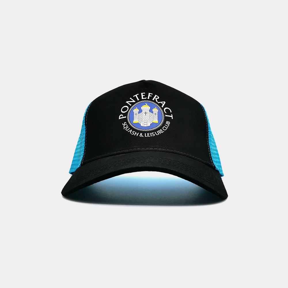 Front view of Pontefract Badminton trucker cap in black and light blue