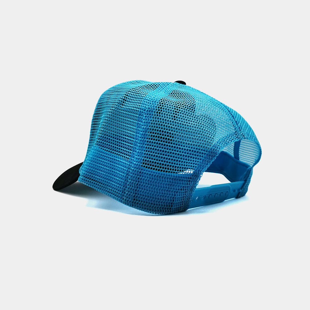 Rear view of Pontefract Badminton trucker cap in black and light blue