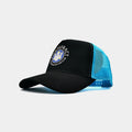 Side view of Pontefract Badminton trucker cap in black and light blue
