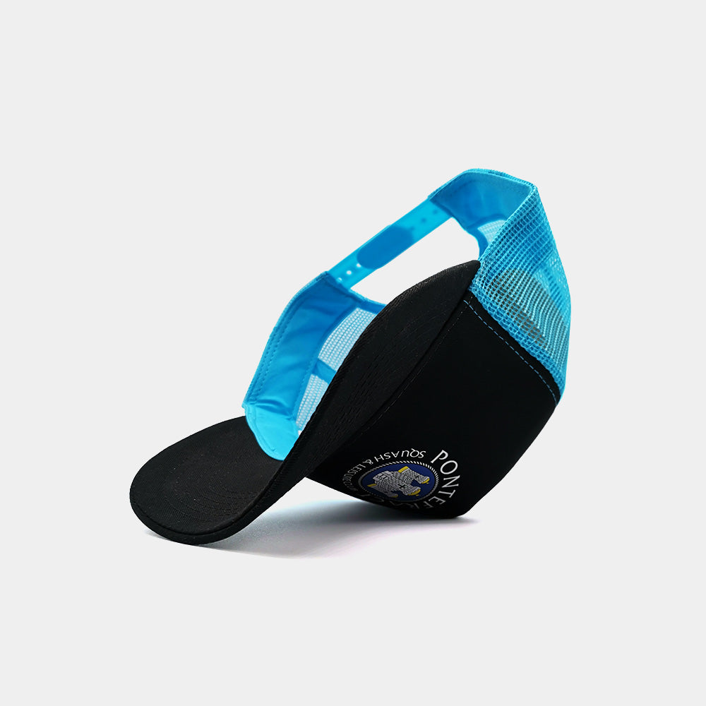 Under side view of Pontefract Badminton trucker cap in black and light blue