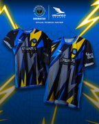 Two Pontefract Badminton Club shirts on a blue background with lightning effects.