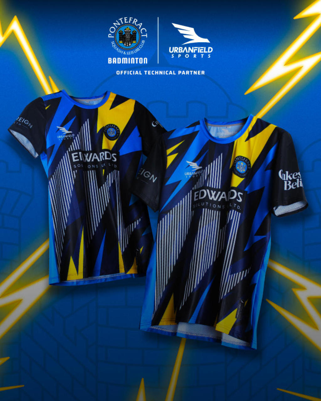 Two Pontefract Badminton Club shirts on a blue background with lightning effects.