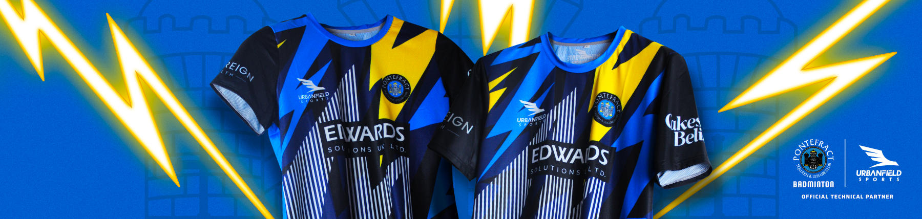 Two Pontefract Badminton Club shirts on a blue background with lightning effects.