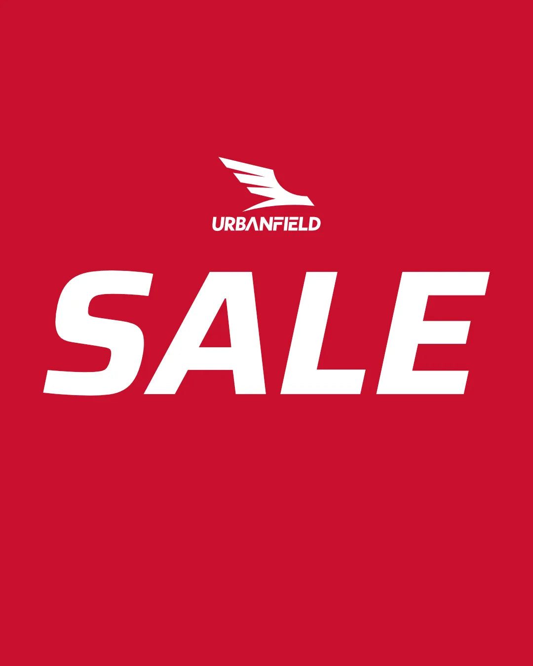 Urbanfield Sports logo with SALE text in white on an red background.