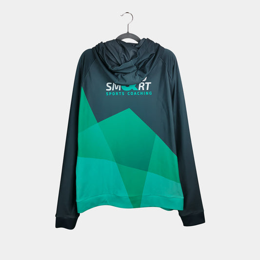 Rear view of Hard & Smart Sports Coaching zip up hoodie in graphite grey and mint green