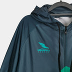 Close up view of Hard & Smart Sports Coaching zip up hoodie in graphite grey and mint green