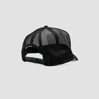 Rear view of Urbanfield Sports sunset trucker cap in black and white