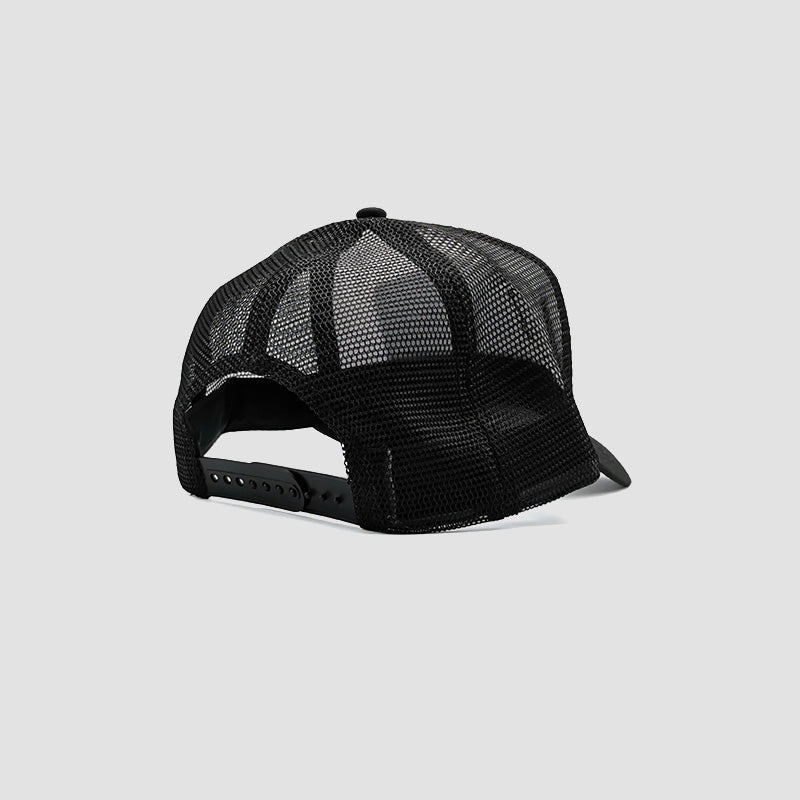 Rear view of Urbanfield Sports sunset trucker cap in black and white