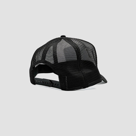Rear view of Urbanfield Sports sunset trucker cap in black and white