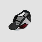 Under side view of Urbanfield Sports sunset trucker cap in black and white