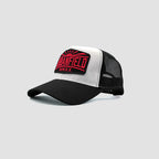 Side view of Urbanfield Sports sunset trucker cap in black and white