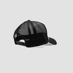 Rear view of Urbanfield Sports sunset trucker cap in black and white