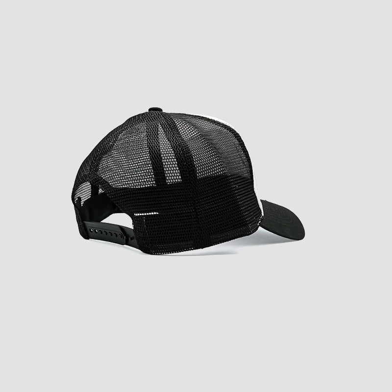 Rear view of Urbanfield Sports sunset trucker cap in black and white