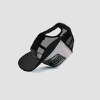 Under side view of Urbanfield Sports sunset trucker cap in black and white