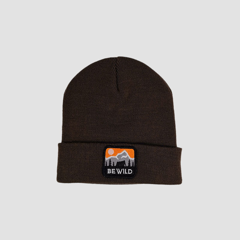 Front view of Urbanfield Sports be wild outdoor beanie in chocolate