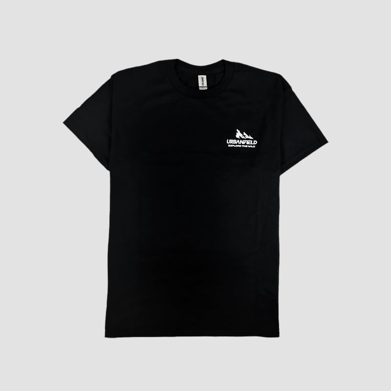 Front view of mountain graphic T-shirt in black