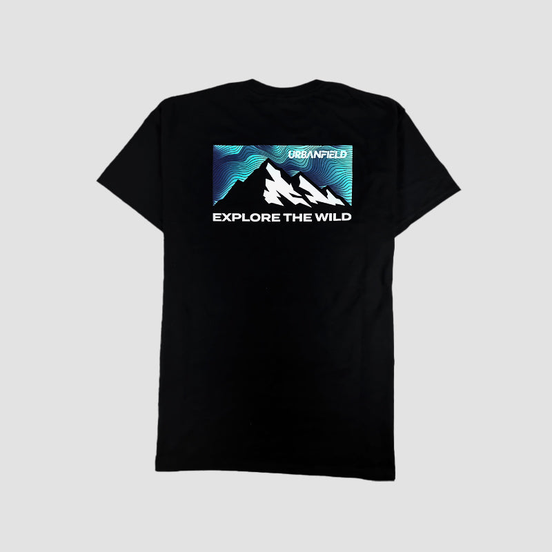 Rear view of mountain graphic T-shirt in black