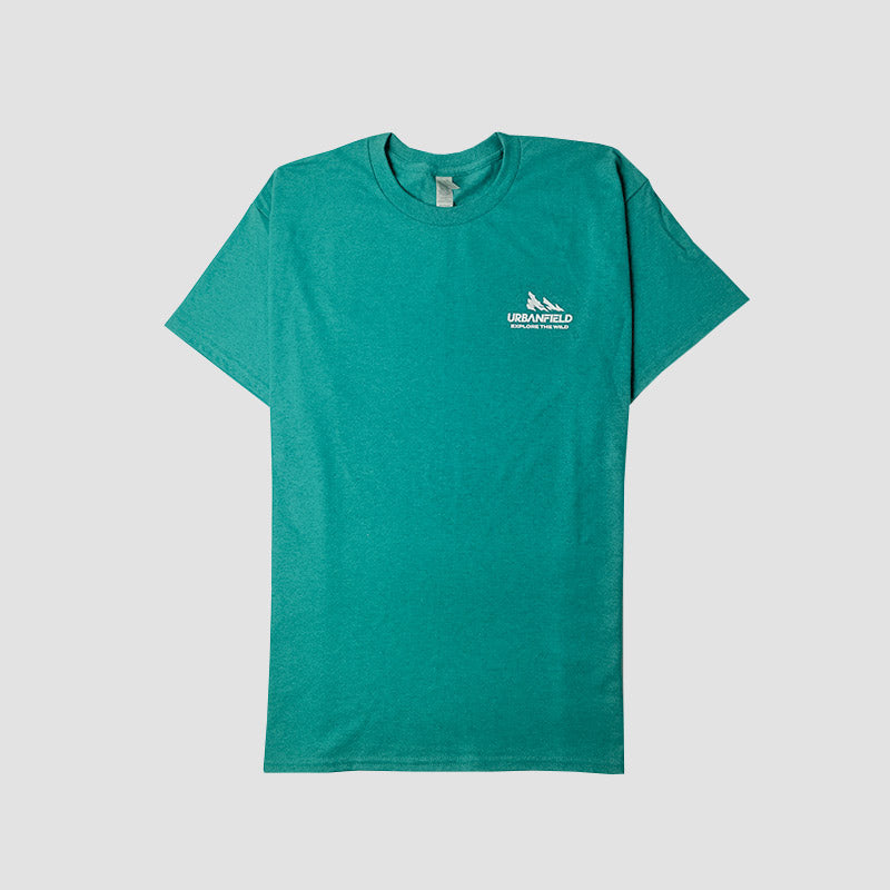 Front view of mountain graphic T-shirt in green