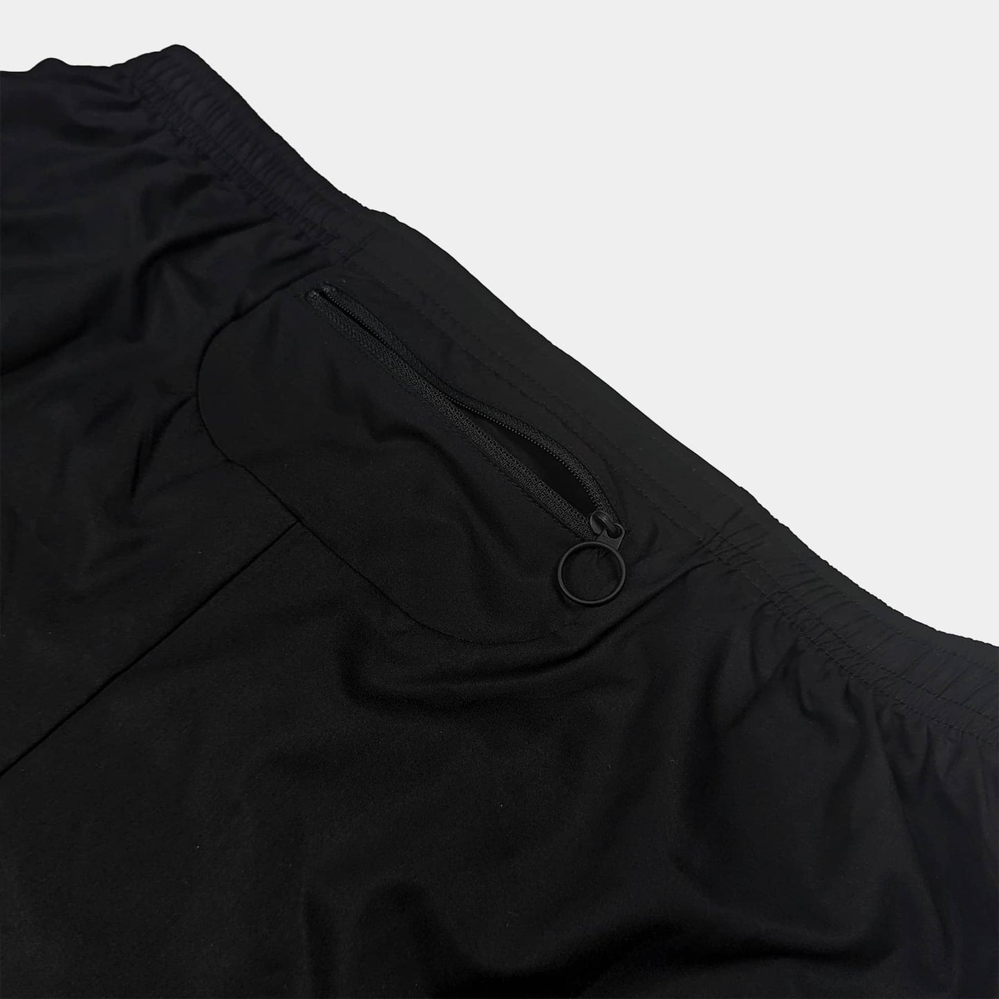 Close up of Urbanfield Sports performance 2-in-1 shorts rear pocket zip