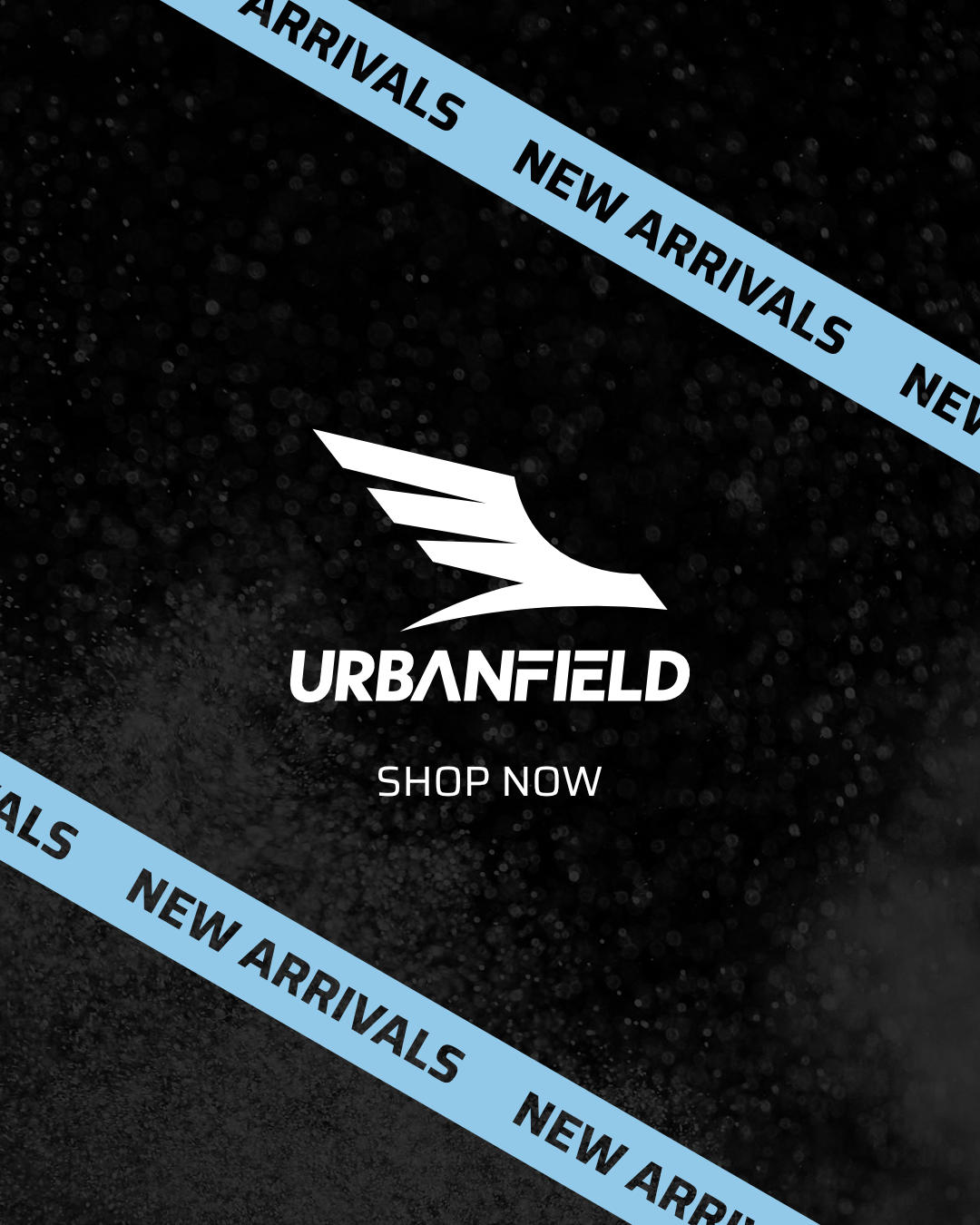 Urbanfield Sports logo on a black background with new arrivals banner in light blue.