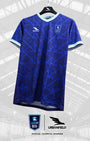 York RI Centenary shirt on a black Urbanfield Sports hanger in front of a white background featuring the York RI roof.